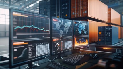 Obraz premium Global trade network with real-time digital tracking systems on computer at office, Transportation and logistics concept.