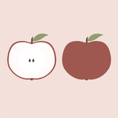 Red apple with leaf, simple minimalist colorful vector art