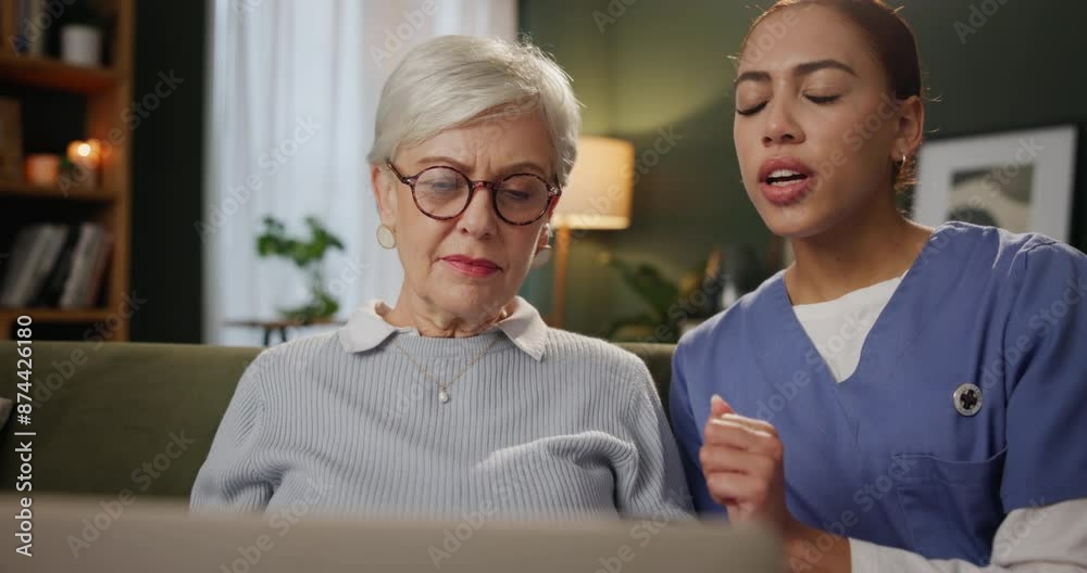 Poster Senior woman, caregiver and laptop in home for help, support and care on sofa in living room. Elderly person, nurse and confused in house on couch for advice with internet, website and technology