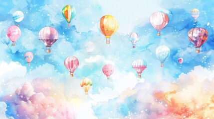 Watercolor Hot Air Balloons in Pastel Sky