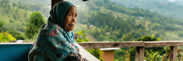 Elderly Woman in Traditional Clothing Sitting on Balcony Overlooking Lush Green Hills