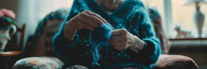 Elderly Woman Knitting with Blue Yarn in Cozy Living Room Setting