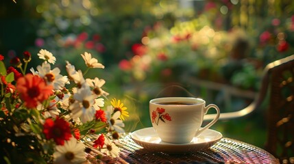 Fototapeta premium A Cup of Coffee in a Sunny Garden With Colorful Flowers