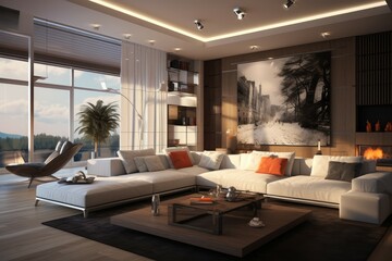 Obraz premium Elegant interior of a spacious living room with a warm fireplace, stylish furniture, and large windows