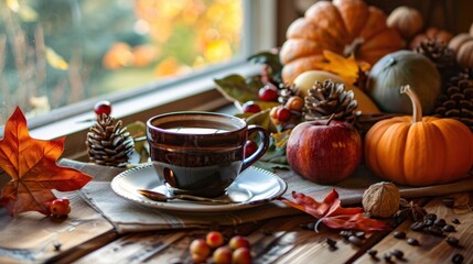 Naklejka premium Warm Coffee and Autumn Decor on a Windowsill