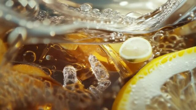A close-up view of a refreshing iced tea, featuring splashes of cold liquid, ice cubes, and lemon slices. Captured in midday light, the cool beverage evokes sensations of thirst-quenching summer