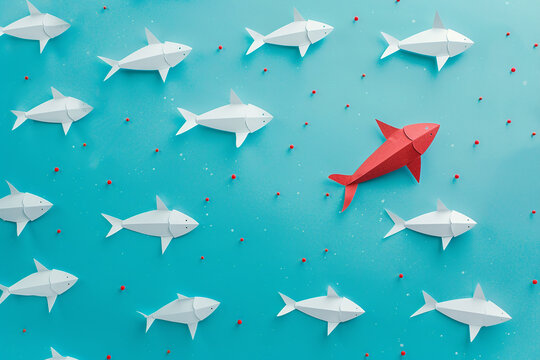 Origami fish, one red among many white, swimming in the opposite direction on a blue background, concept of individuality and leadership.