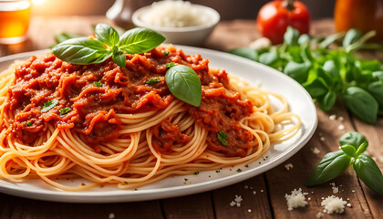 Spaghetti mit Bolognese Sauce und Basilikum garniert frisch zubereitet gekocht auf einem Teller angerichtet wie im italienischen Restaurant Bistro  zum Mittagessen Abendessen Pasta Nudeln lecker