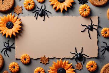 Obraz premium Halloween with cookies, leaves and spiders on concrete background with space for text.