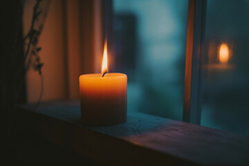 Warm Candle Flame Illuminating a Cozy Evening by the Window