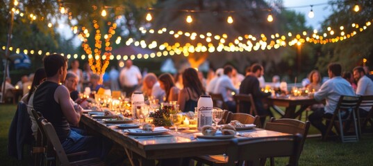 Elegant Backyard Dinner Party with Guests Using Mosquito Repellent Amid String Lights and Decorations