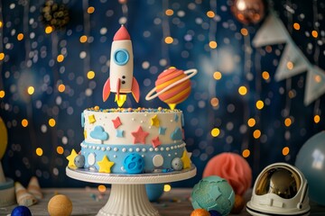 Space-themed Birthday Party Cake with Rocket Ship and Planet Decorations for Celebrations and Events