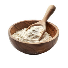 Close-up view of fine white flour mounded in a natural wooden bowl with a small wooden scoop inserted, isolated on transparent background.