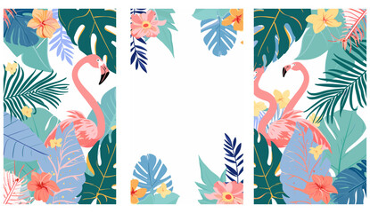 Summer background collection with palm trees, flamingos, and flowers. Editable vector illustration for invitation, postcard, and website banner. Tropical theme, summer backdrop, floral design elements