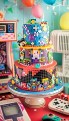 Naklejka premium Retro Video Game Themed Birthday Cake with Pixelated Decorations and Gaming Consoles for Nostalgic Celebrations