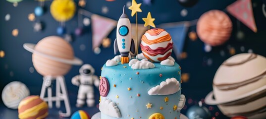 Obraz premium Space Adventure-Themed Birthday Cake with Astronauts, Rockets, and Planets for Party Decorations