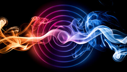Fototapeta premium Smoke of bright gradient color, taking the shape of a Circles, flying on a black background