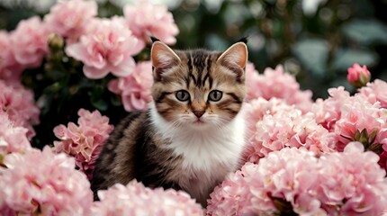 Beautiful little cat sitting in a pile of beautiful pink flowers