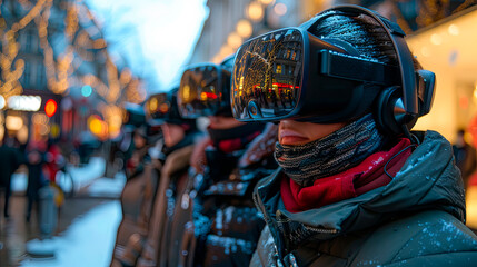 Person wearing a VR headset on a busy street during winter. Concept of technology and immersive experiences. Ideal for tech companies, tourism, gaming industries, and educational institutions. 