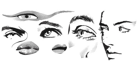 Trendy modern retro vector illustration with noise grain effect, face parts bitmap dithering texture elements set, ear, nose, female eyes and lips halftone collage clip art, perfect dots texture, 