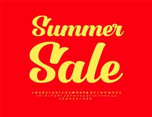 Vector creative poster Summer Sale. Cursive Yellow Font. Modern Alphabet Letters and Numbers.