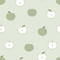 Seamless pattern of cute minimalist green apples with leaves