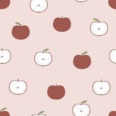 Seamless pattern of cute minimalist red apples with leaves