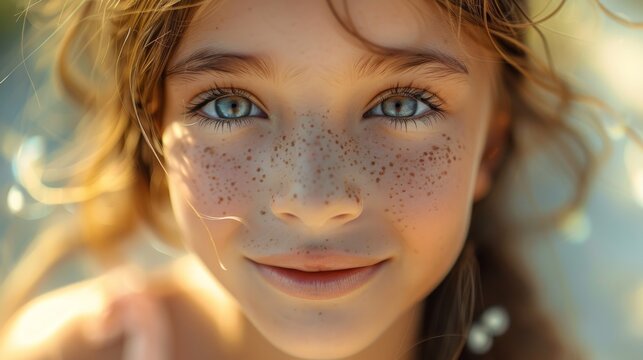 a cybork girl with frekles and clear facial features looks into the camera smiling wearing a summer dress on a summer day