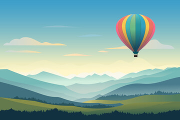Balloon flies against the backdrop of a beautiful mountain landscape. Aerostat flies in the sky against the backdrop of high mountains and green fields. Hot air balloon vector illustration.