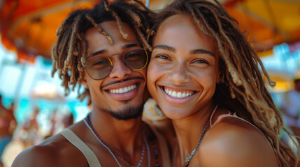 Beautiful couple having fun at amusement park summer 