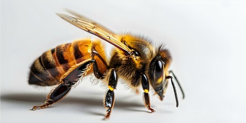 Honeybee Insect Alone on White Background. Concept Insect Photography, Honeybee, Isolated Background, Wildlife Close-up, Macro Shot