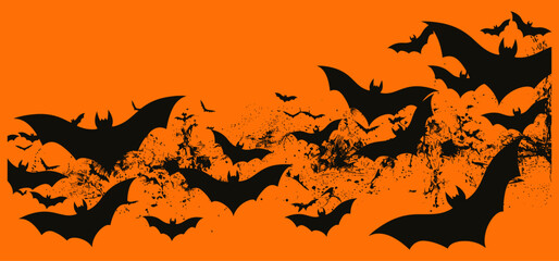 Illustration of festive Halloween background with black bats on orange background, featuring text. Banner for Halloween with a place for text. Halloween background orange, black bats, festive, place 