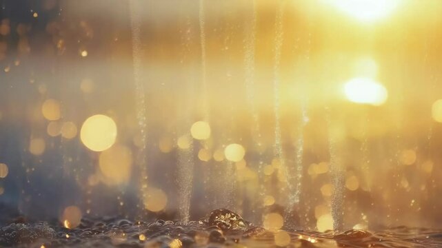 Golden sunset with warm light illuminating water droplets in the air, creating a bokeh effect. The scene exudes tranquility and warmth, with soft, blurred lights in the background.