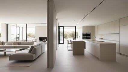 A modern minimalist kitchen, living, bed room interior design with wood table and chairs for solar home with solar panels installed (51).jpg