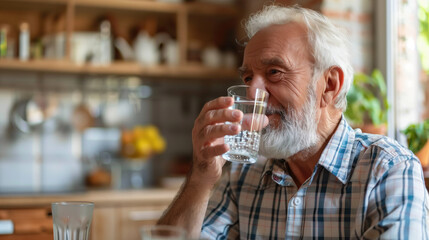 Elderly man drinking water from glass while sitting in bright kitchen with wooden cabinets. Healthy lifestyle, hydration, senior care, daily routines, home environment, wellbeing concept.