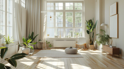 A bright, airy studio with large windows letting in natural light, wooden floors, and minimalistic decor. Include elements like plants, soft colors, and inspirational quotes on the walls.