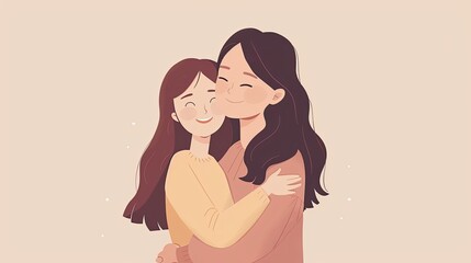 A heartwarming illustration of a mother and daughter sharing a loving hug, expressing familial affection and bond