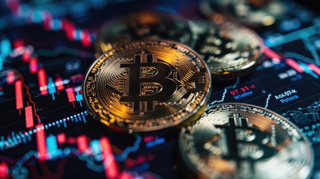 Close-up of multiple shiny Bitcoin coins with a digital stock market graph in the background, illustrating the concept of cryptocurrency and digital trading