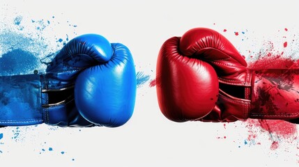 Close-up of red and blue boxing gloves facing off, symbolizing competition, conflict, and sportsmanship in boxing