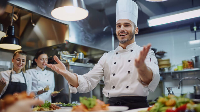 A charismatic chef presenting a dish to intrigued diners, explaining the science and artistry behind it, fostering a sense of exclusivity and engagement. 