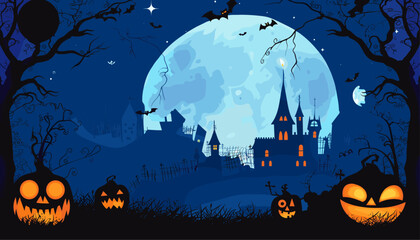 Spooky Halloween Blue Vector Background Scene, Haunted House, Pumpkin Patch