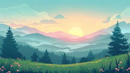 Illustrative landscape of a sunrise over misty mountains, capturing the serene beauty and tranquility of nature