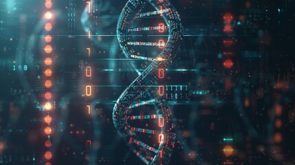 Conceptual Artwork of DNA Data Storage Featuring Digital Helix and Binary Code in High-Tech Glowing Background