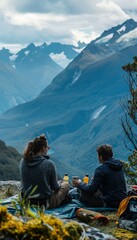 Fototapeta premium Couple Enjoying Scenic Mountain Picnic with Mosquito Repellent Products in Use for Outdoor Protection