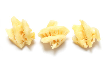 Pineapple pieces on a white background