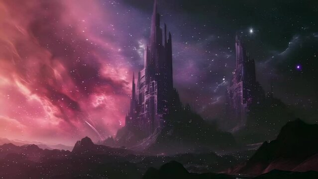 A grand, dark castle stands tall against a starry night sky illuminated by a pink nebula. The scene, full of mystique and fantasy elements, evokes a sense of awe and exploration.