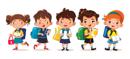 Vector illustration of happy cute cartoon school children, kids, education, learning, fun,  back to school