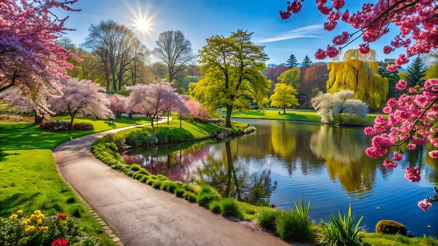 Vibrant blooming flowers and lush greenery surround serene lakes and walking paths in Park Branitz on a sunny spring morning with elegant trees swaying gently.