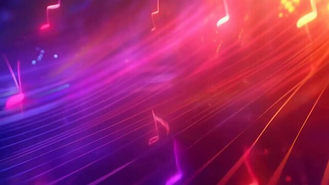 Abstract digital waves of pink and purple with floating musical notes