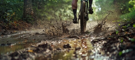 Cyclist Navigates Muddy Forest Trail After Rain - Adventure, Outdoor Challenge, Nature, Action